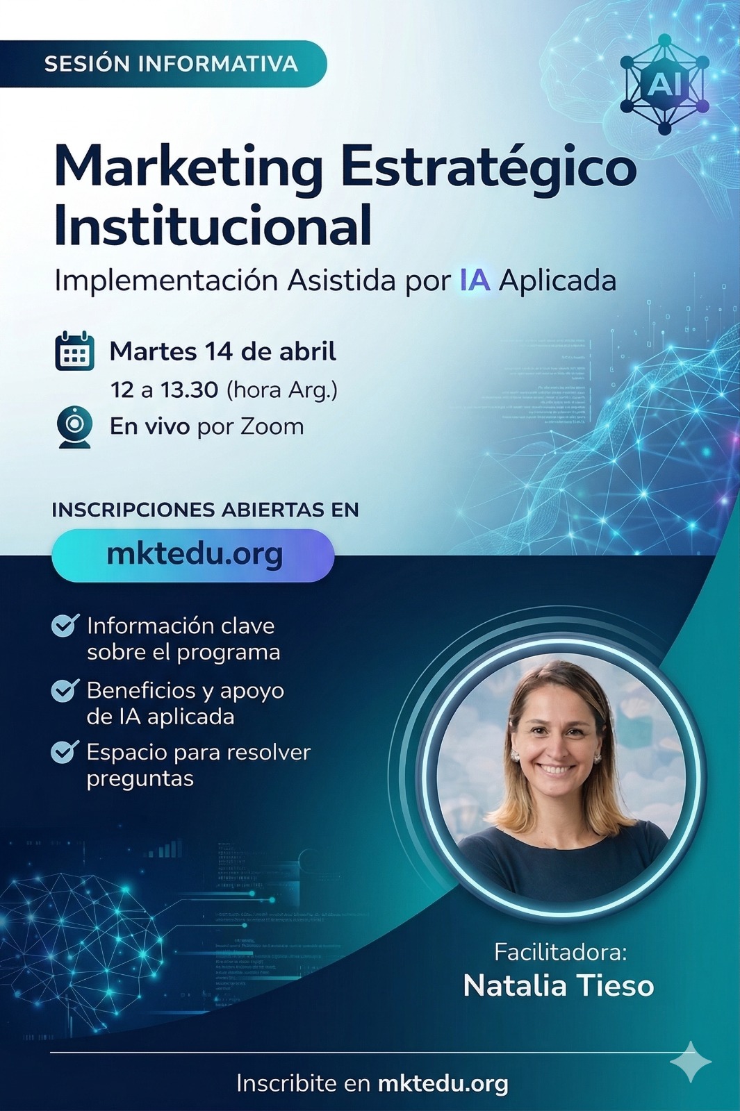 Flyer de la sesión informativa del programa Marketing Estratégico Institucional